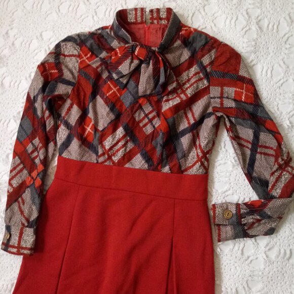 Vtg 70s Fit Flare Dress Plaid Bow Neck Orange Wool Skirt Retro Medium Women 8 - Picture 3 of 10